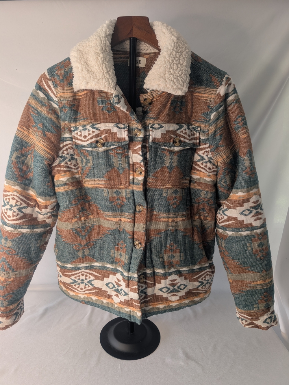 BKE Sherpa-Lined Aztec Print Jacket in Brown and Green Women's Size Small